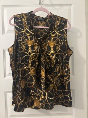 Kasper Black Sleeveless Tie-Neck Top w/Gold Chain Print SZ 18 Empire waist